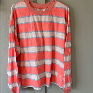Free People Coral Pink and Light Blue Striped Long Sleeve Top